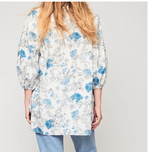 SECULAR LAB  Liberty Print Floral Print White Blue Button Mock Neck Tunic Sz XS - Picture 2 of 14